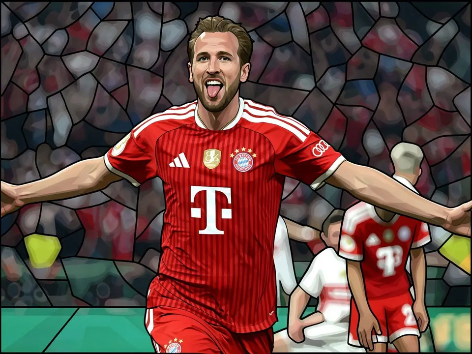 Kane celebrates a goal in Bayern Munich's red kit with arms outstretched in front of the crowd