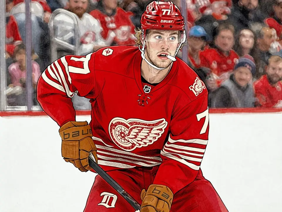 Schwedischer Verteidiger Edvinsson in rotem Detroit-Red-Wings-Trikot mit Schläger auf dem Eis, Zuschauer auf den Tribünen