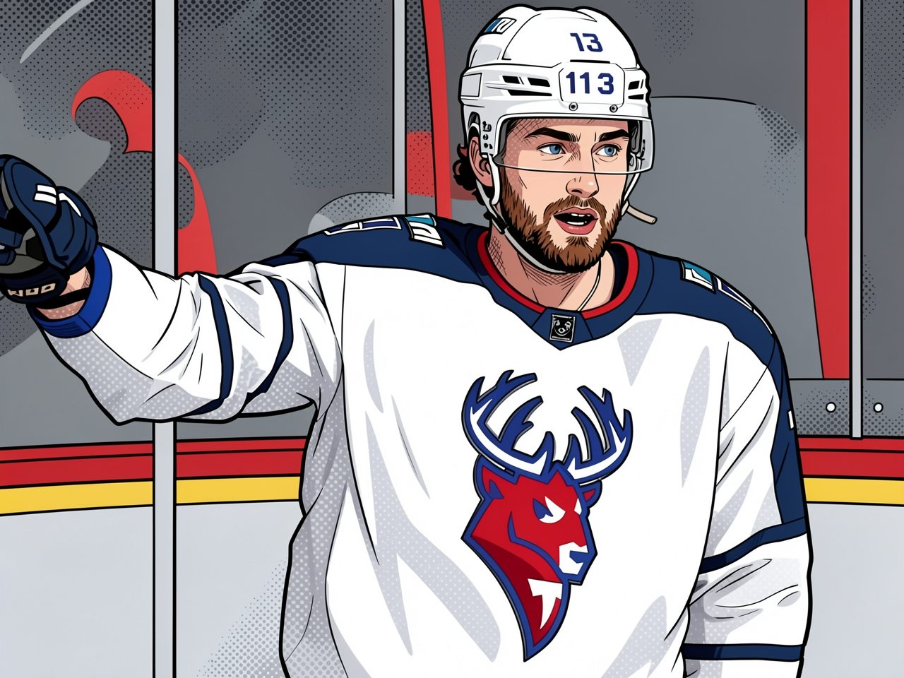 A hockey player in a white jersey with a deer logo raises his arm near the boards.
