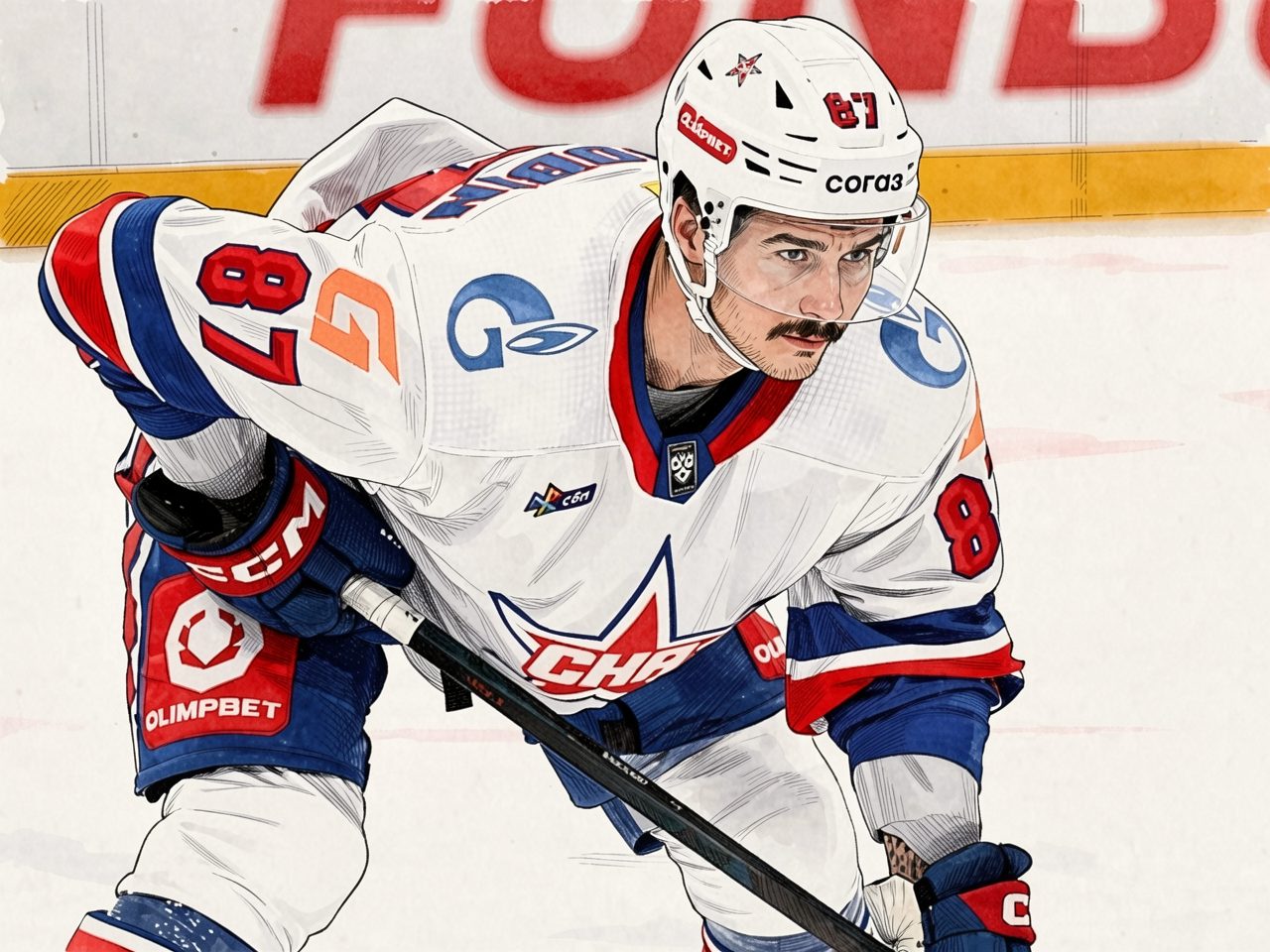 A hockey player in a white jersey with number 87 and a mustache skating with a stick.