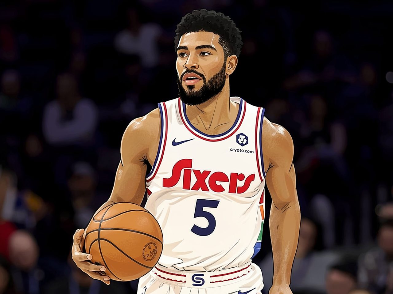 Ein Basketballspieler in weißer Trikotnummer 5 hält einen Ball.