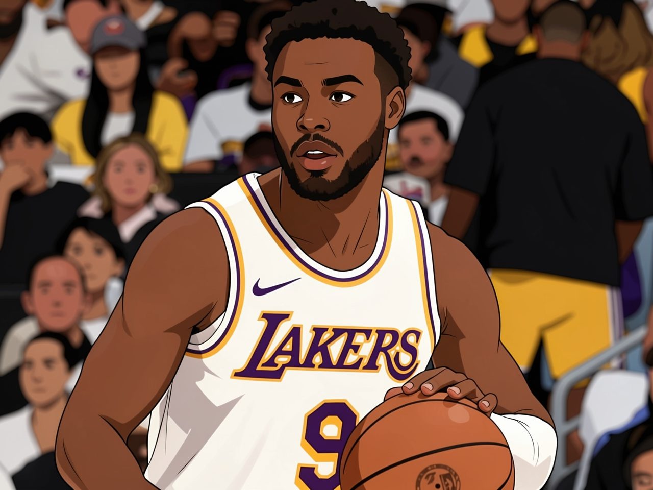 A young basketball player in a white Lakers jersey holds a ball during a game.