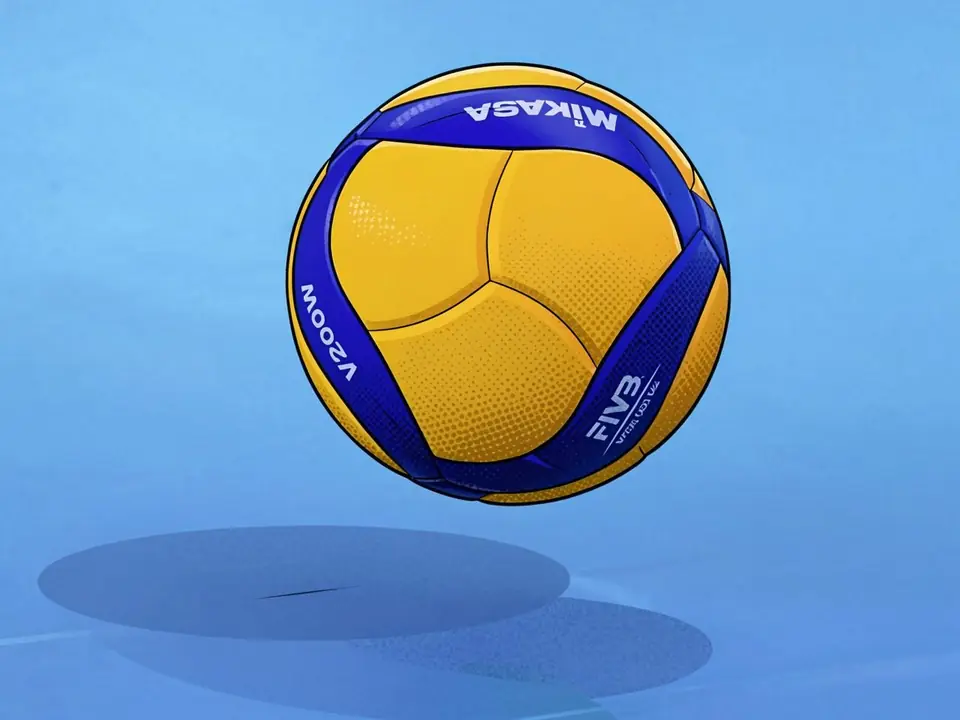 Yellow and blue Mikasa V200W volleyball with FIVB logo on a blue background