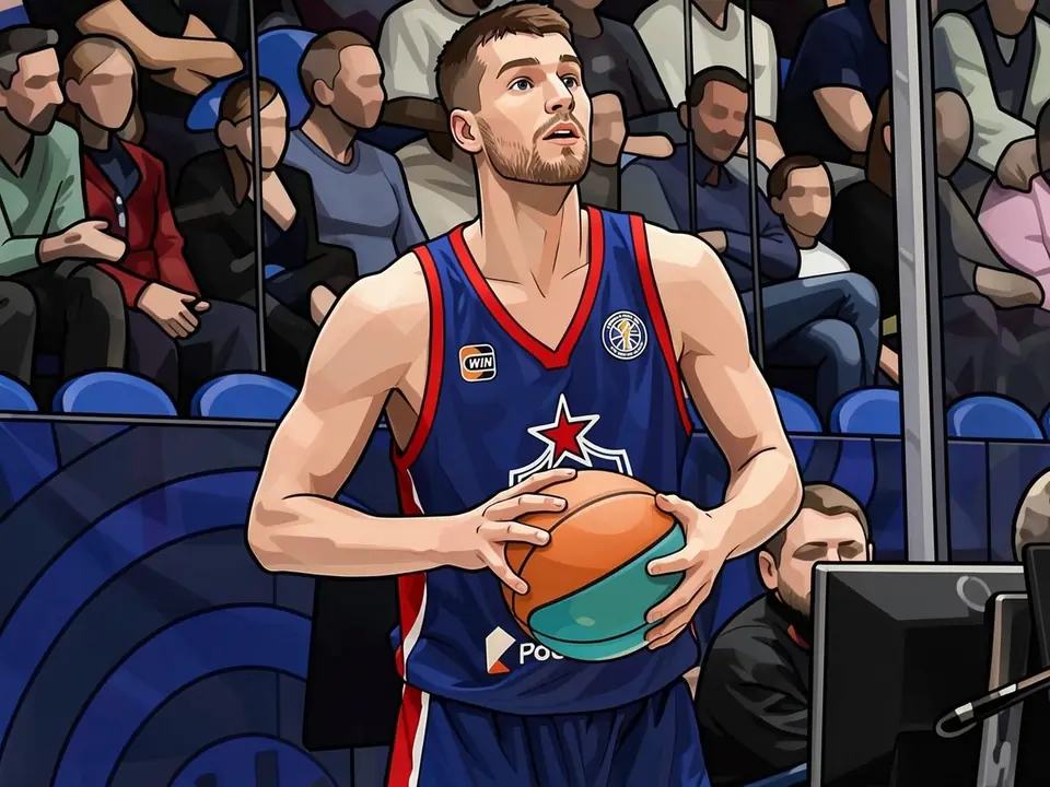CSKA-Verteidiger Samson Ruzyentsev in blauem Trikot mit roten Akzenten hält einen Basketball vor dem Spiel.
