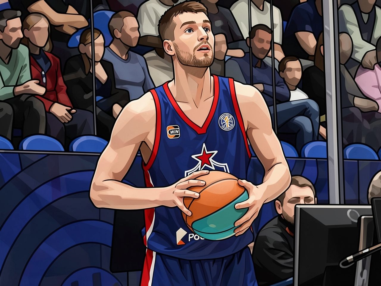 Ein Basketballspieler in blauem Trikot mit rotem Saum hält einen Ball und blickt auf dem Platz nach oben.