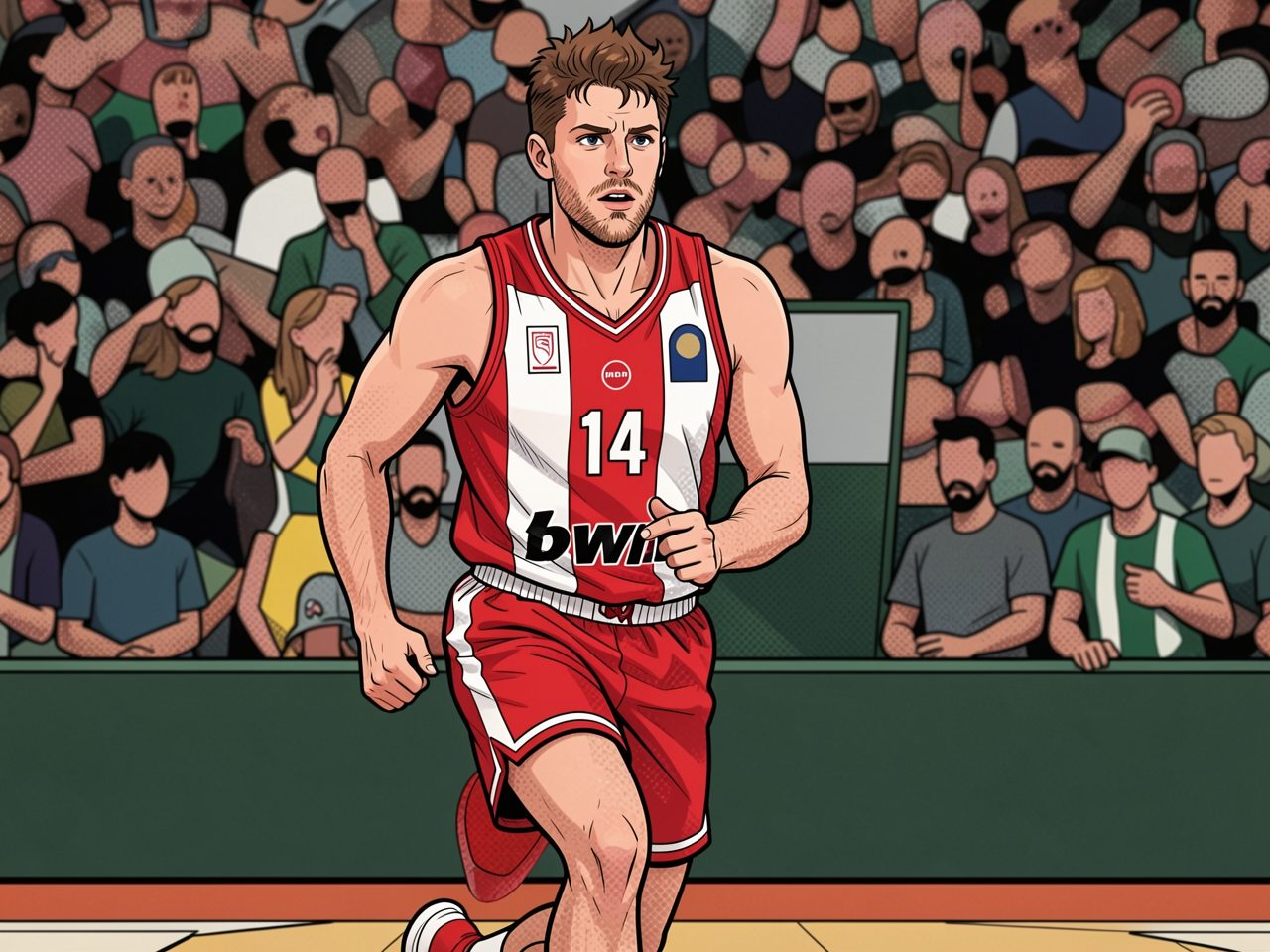 A basketball player in a red and white kit runs on the court with spectators in the background