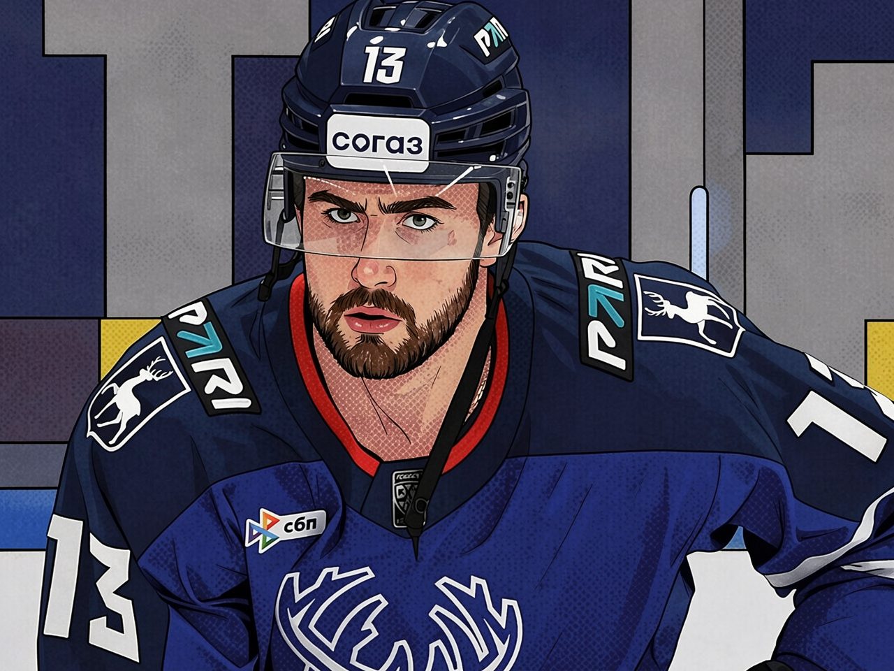 Ein Eishockeyspieler in blauem Trikot und Helm mit der Nummer 13 auf dem Eis.