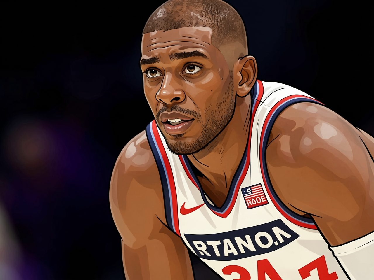 A basketball player in a white jersey with red and blue trim looks intently to the side with a focused expression.