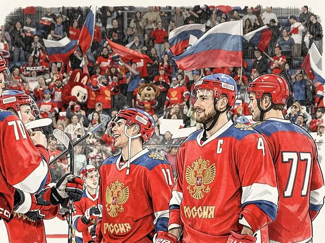 Пять хоккеистов сборной России в красных формах общаются на льду перед трибунами с флагами