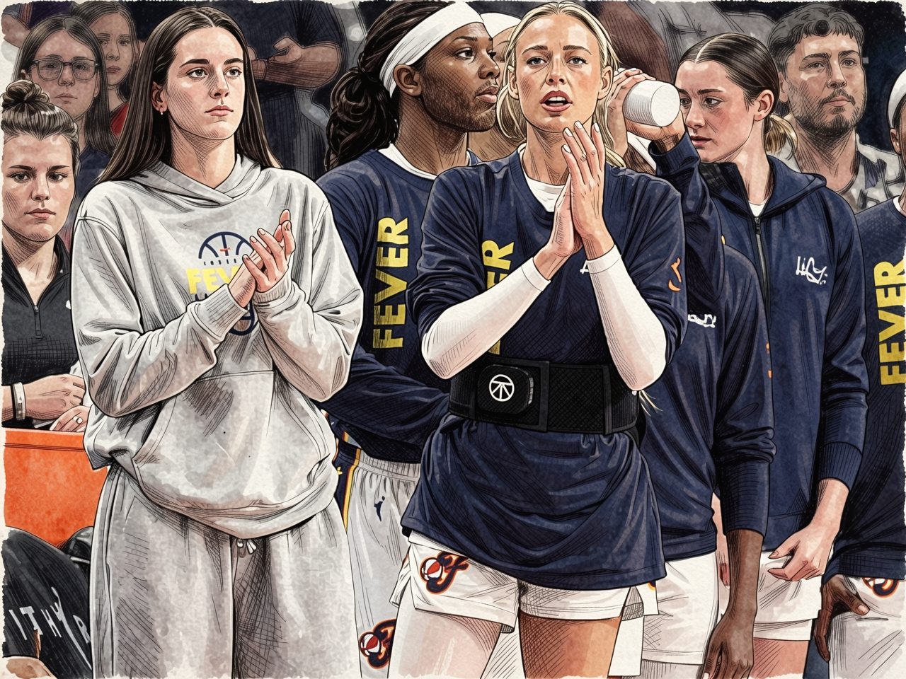 Basketballspielerinnen in Team-Trainingskleidung stehen am Spielfeldrand und klatschen.