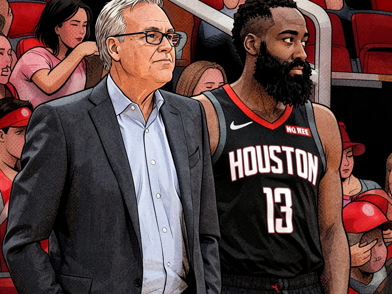 Ein Trainer und ein Houston Rockets Spieler stehen nebeneinander auf dem Platz