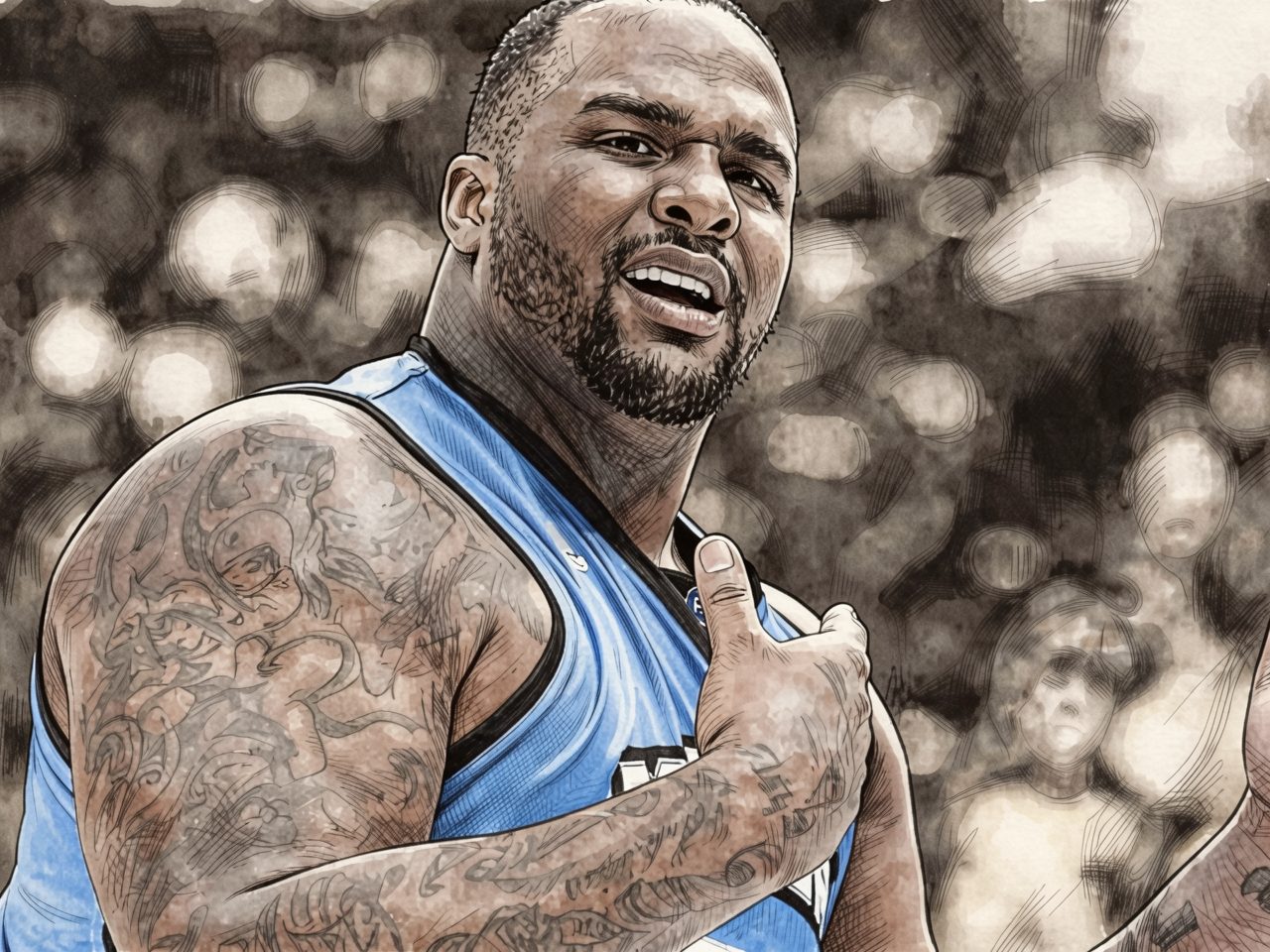 A basketball player in a blue jersey gestures on the court