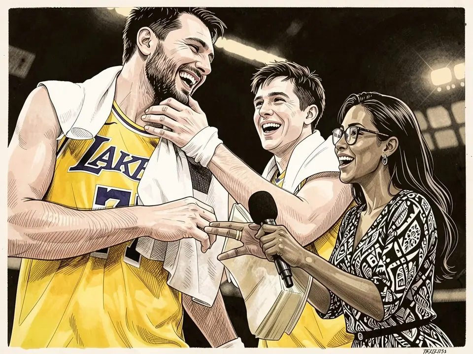 Robert Orr in a yellow Lakers jersey laughing with a reporter and player on the court