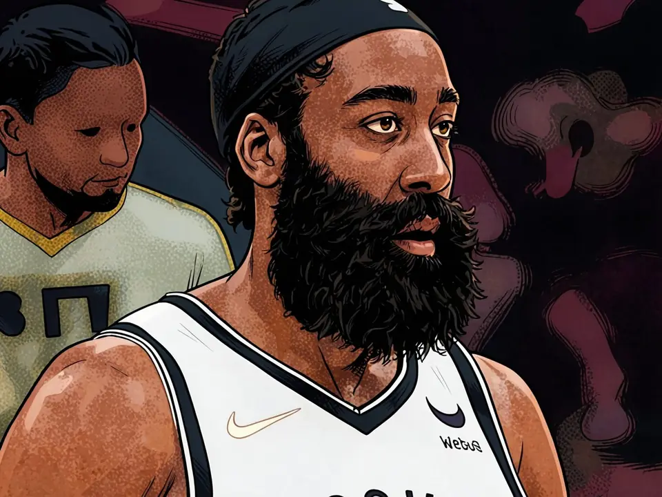 James Harden in Cleveland Trikot mit Olden Polinisis im Hintergrund