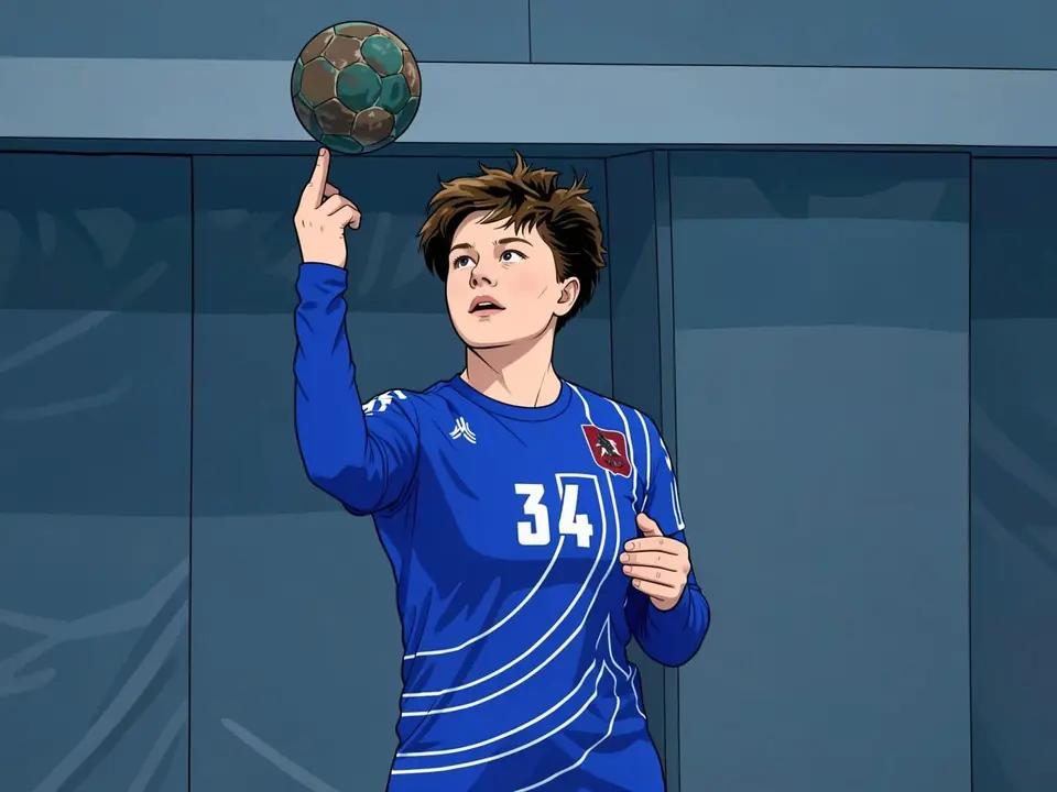 Maria Rumjanzewa in blauem Trikot mit Nummer 34 dreht einen Basketball auf dem Finger