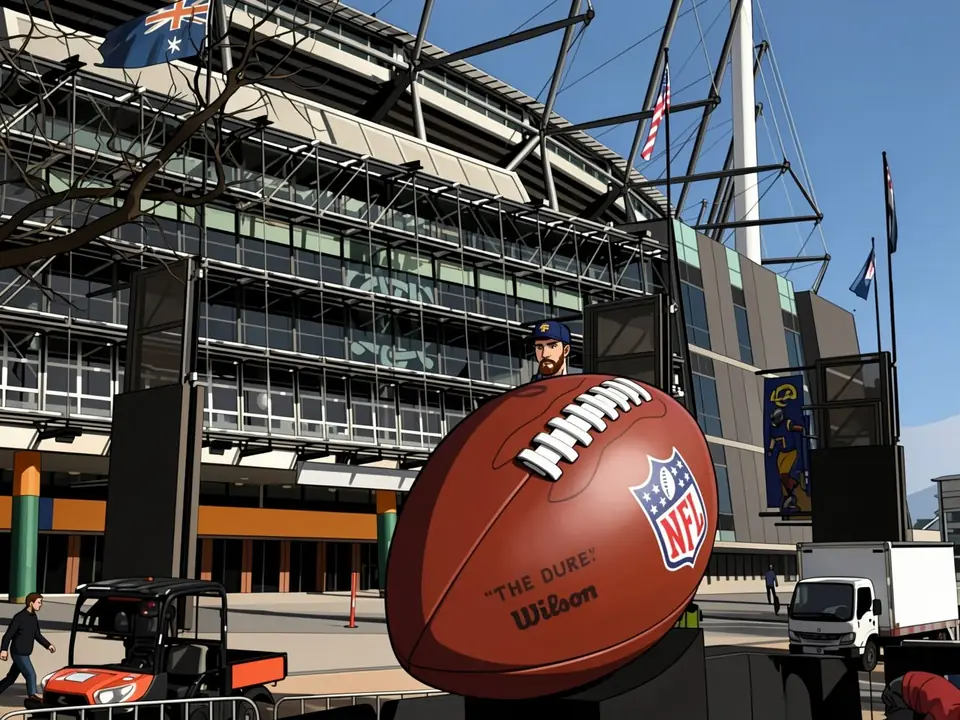 Kyle Shanahan in einer San Francisco-Kappe steht hinter einem riesigen NFL-Fußball vor dem Melbourne Cricket Ground