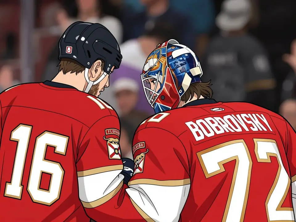 Barkov (16) and Bobrovsky (72) in red Florida jerseys on the ice