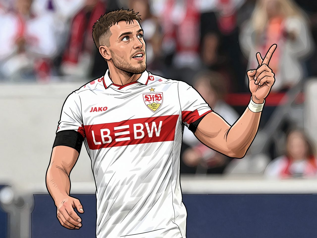 Ein Fußballspieler in weißer Trikots mit rotem Streifen zeigt nach oben auf dem Platz