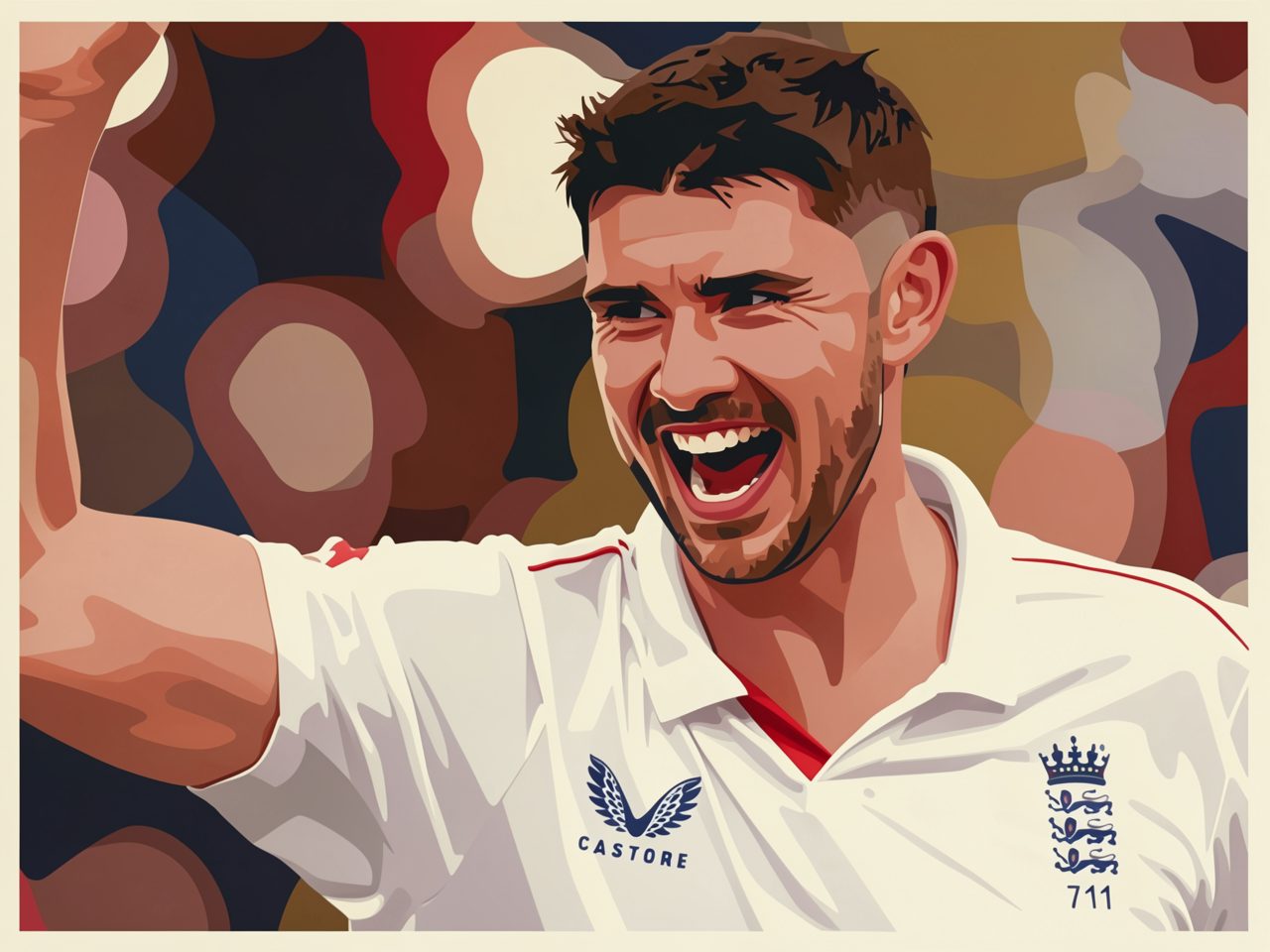 An England cricketer in a white shirt celebrates with his arm raised.