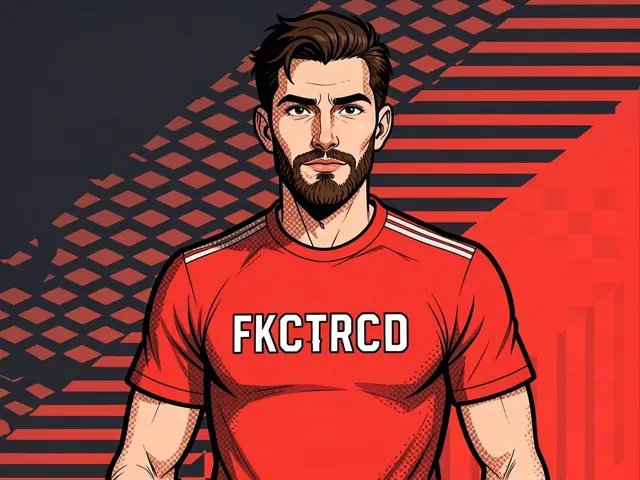 Футболист в красной футболке с надписью FKCTRCD на груди. Портрет игрока на фоне красно-чёрного геометрического узора.