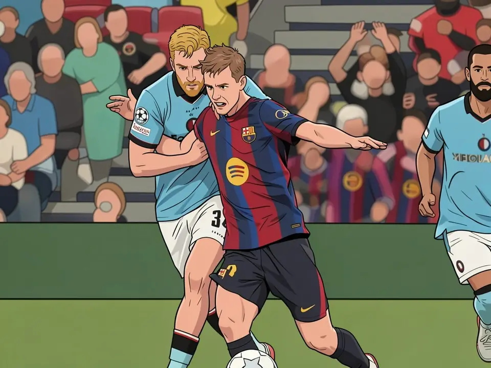 Dani Olmo in a Barcelona kit battles a Manchester City player during a Champions League match