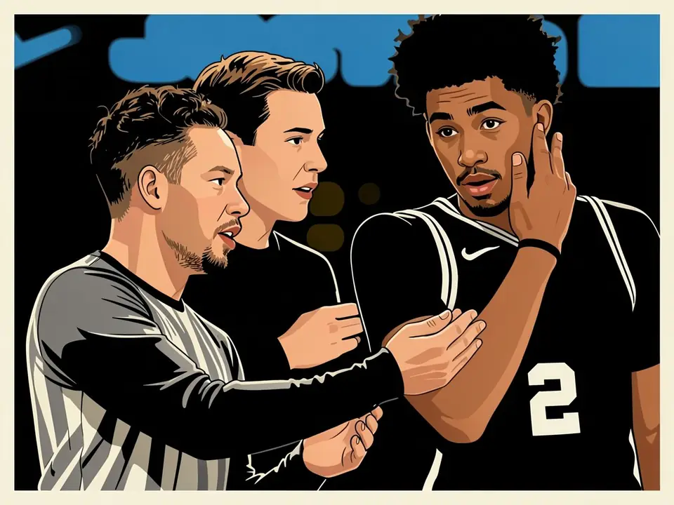Dylan Harper in black Spurs jersey number 2 talks with coach Mitch Johnson and another player on the court.