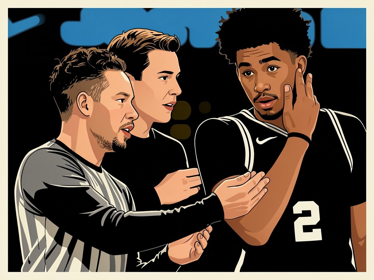 A coach talks to a player in a black jersey while a referee watches.