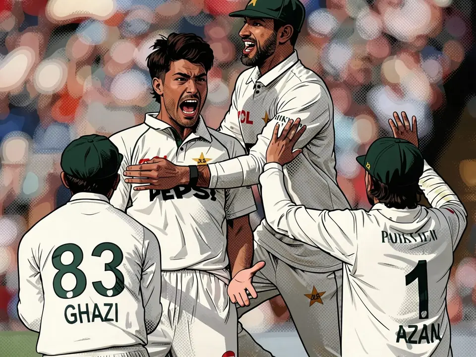 Pakistan captain Babar Azam celebrates with teammates in white kits at Edgbaston stadium