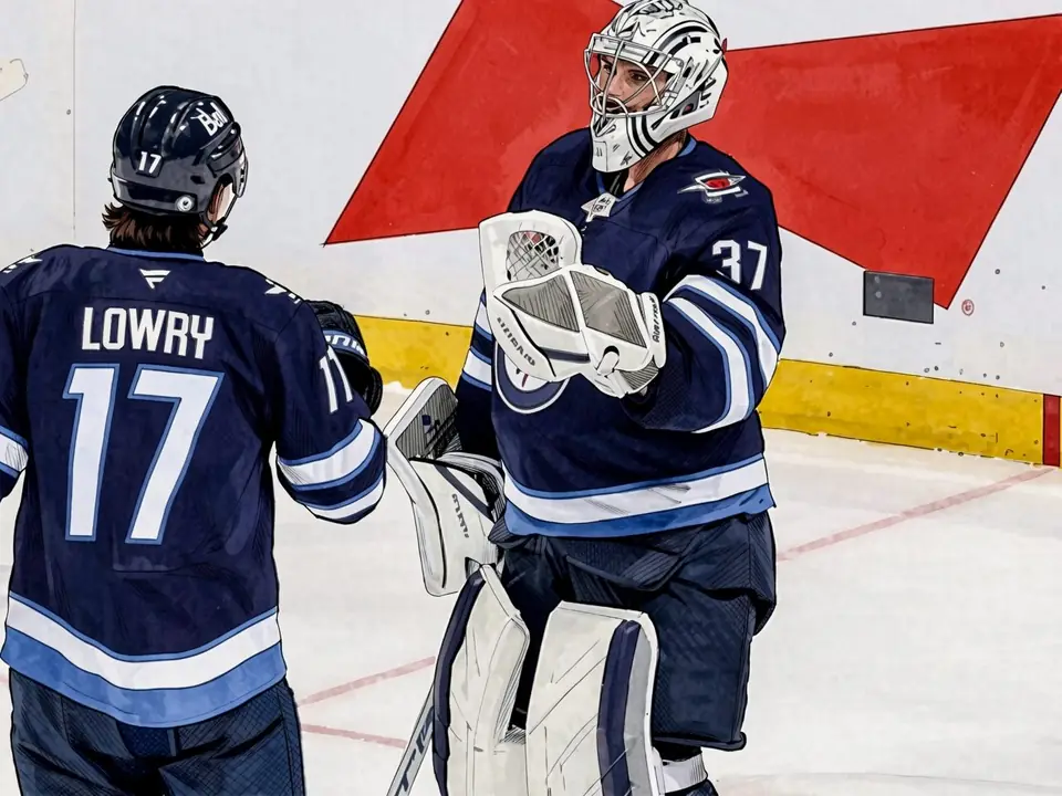 Lowry (17) und Hellebuyck (37) in Winnipeg-Jerseys auf dem Eis