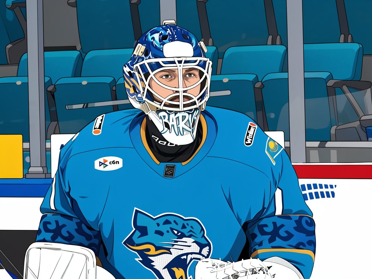 Torwart in blauer Uniform mit Maske steht am Tor und hält einen Schläger.