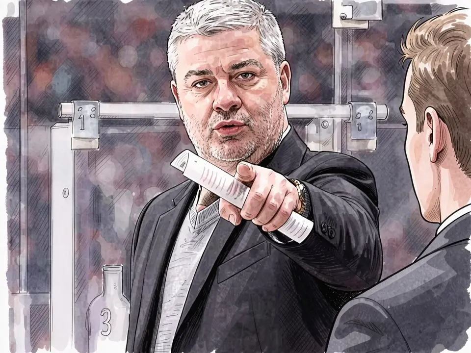 Leonid Tambiev in a suit holds a rolled paper and points at a colleague on the Dinamo bench.