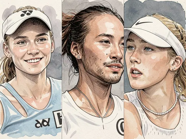 Теннисистка Рыбакина в синей форме Yonex с улыбкой, рядом портреты соперниц