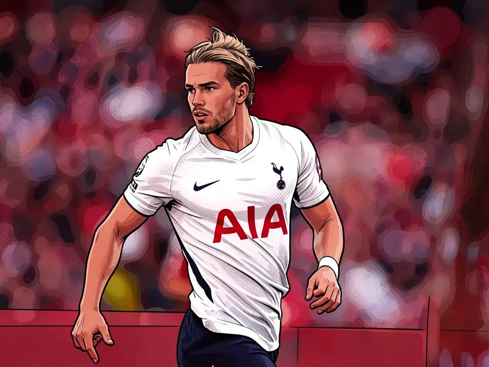 Mudryk in Tottenham's white kit runs on the pitch, AIA logo and bird crest visible