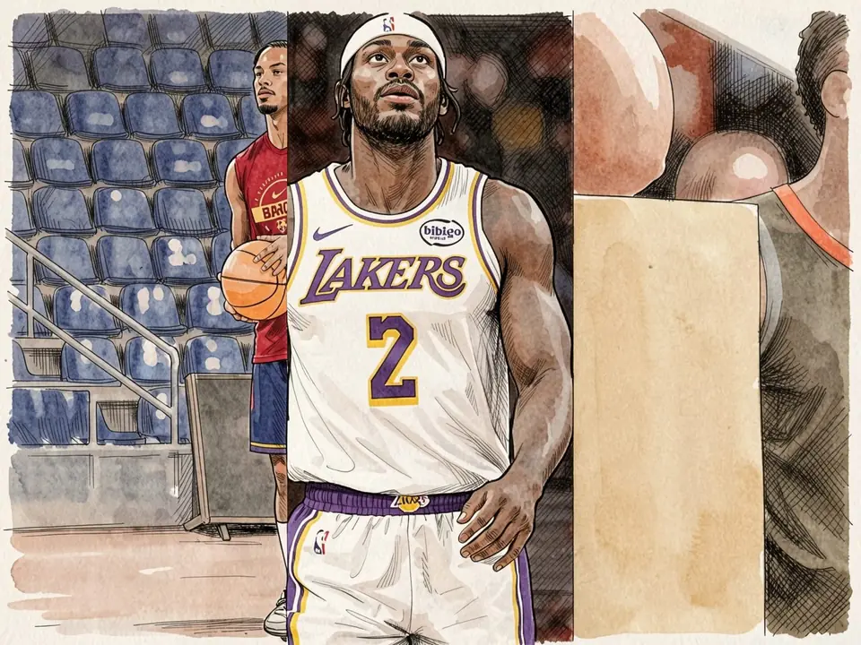 Баскетболист в белой форме с фиолетовым номером 2 и надписью LAKERS стоит на площадке с мячом, на голове белая повязка