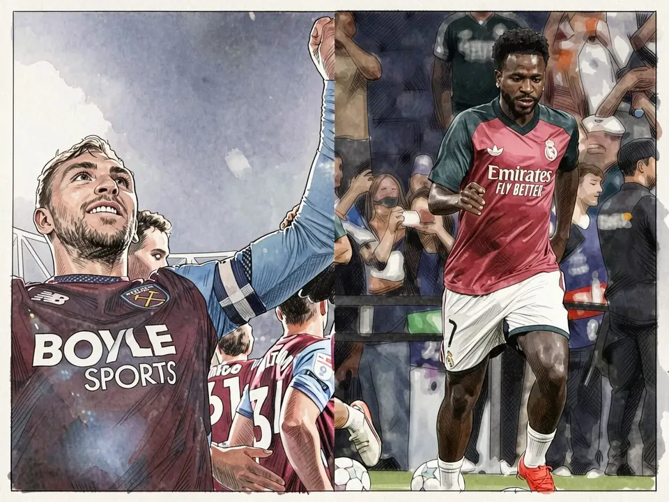 Two footballers on separate panels: one in West Ham's claret and blue kit with Boyle Sports sponsor, the other in Real Madrid's red and white kit with Emirates Fly Better