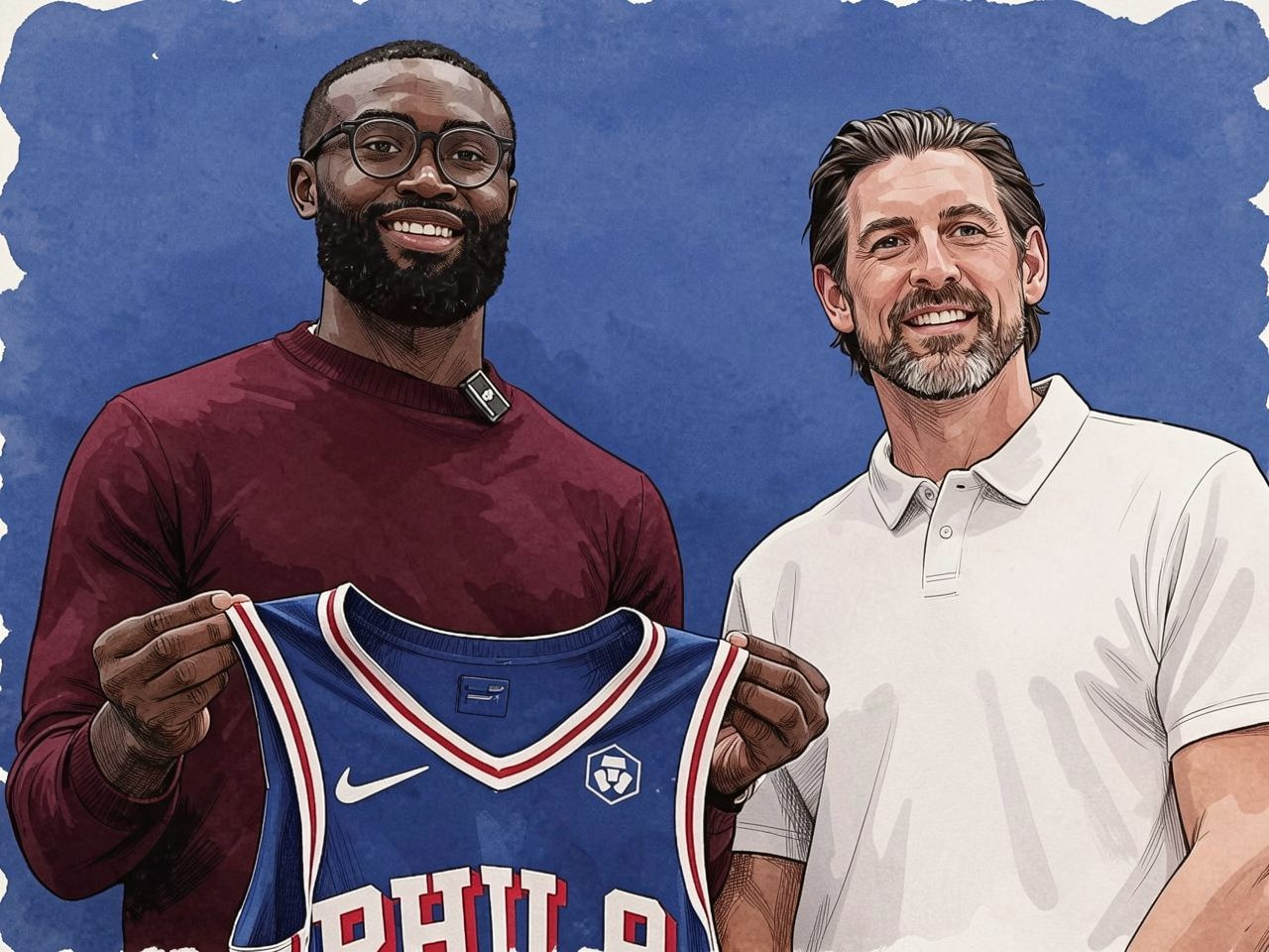 Jaylen Brown und ein Vertreter von Philadelphia mit einem neuen Trikots vor einem blauen Banner.
