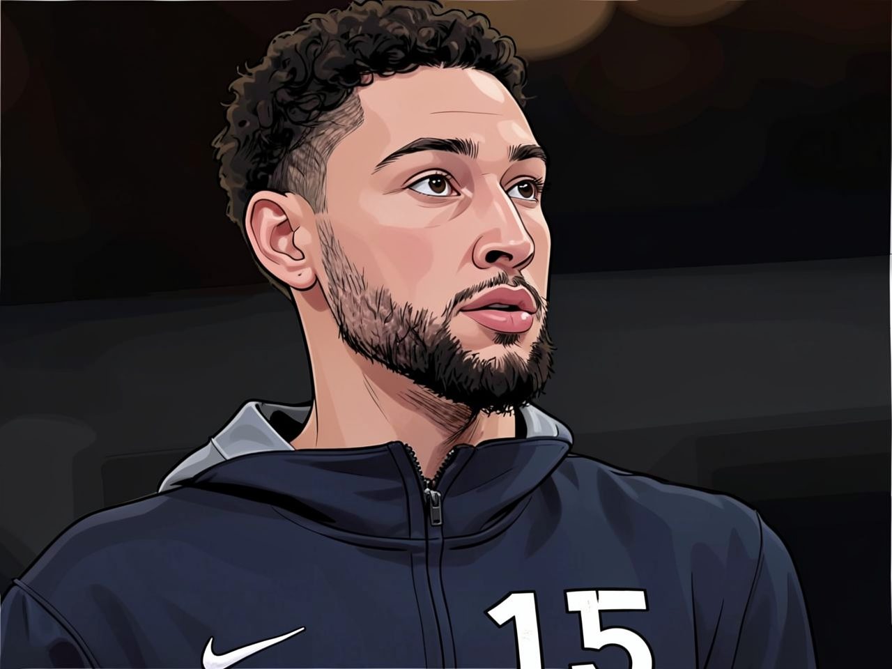 A portrait of a basketball player in a dark blue hooded sweatshirt looking to the side.