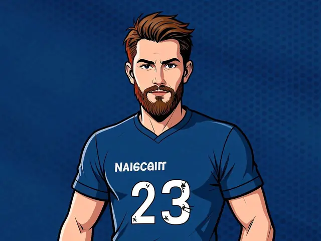 Иллюстрация игрока в синей форме с номером 23 на фоне синих точек.