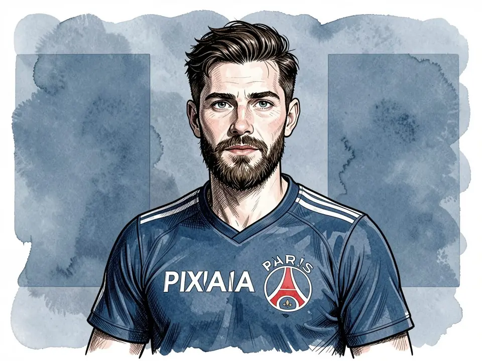 Porträt eines Fußballspielers in blauem Paris Saint-Germain-Trikot mit dem Vereinswappen