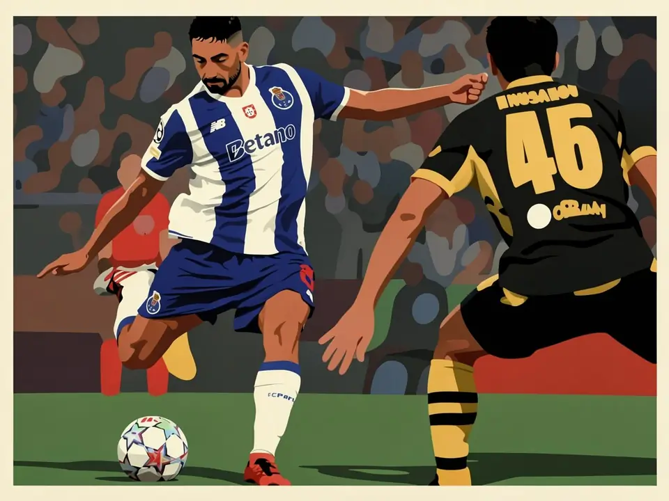 FC Porto player in blue and white kit with ball, Manchester City opponent in black and yellow on Champions League pitch