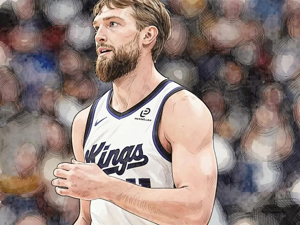 Sabonis in weißem Kings-Trikot mit blauer Umrandung, während des Spiels zur Seite blickend
