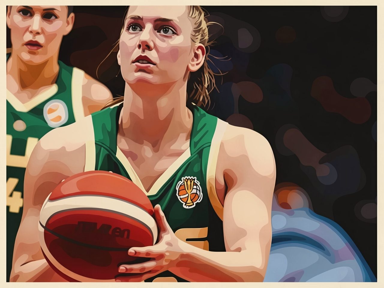 Eine australische Basketballspielerin in grünem Trikot hält einen Ball und blickt nach oben.