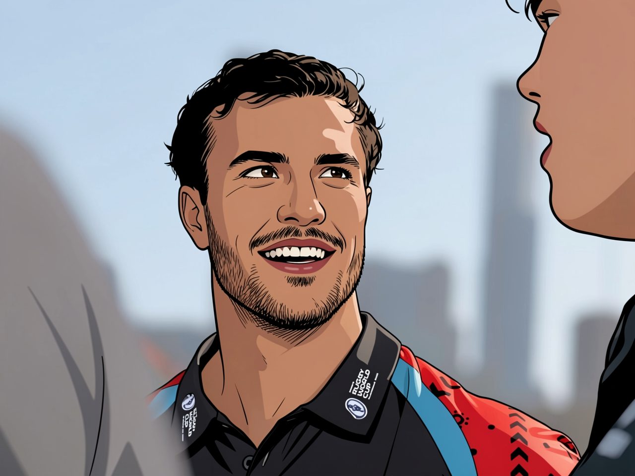 Portrait of a young athlete in a black shirt with red and blue shoulder panels.
