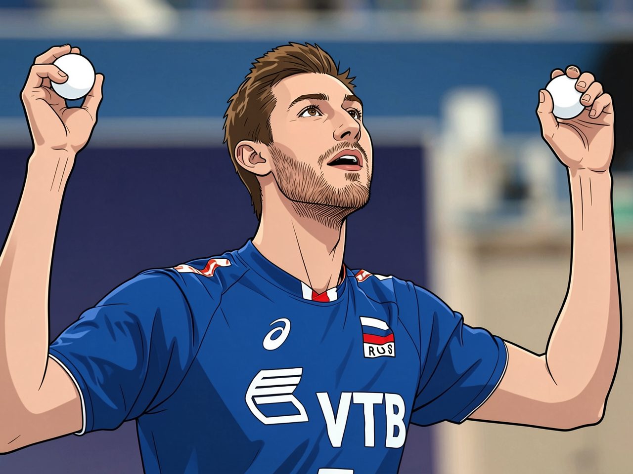 A young athlete in a blue jersey raises his arms in celebration, holding a table tennis ball in each hand.