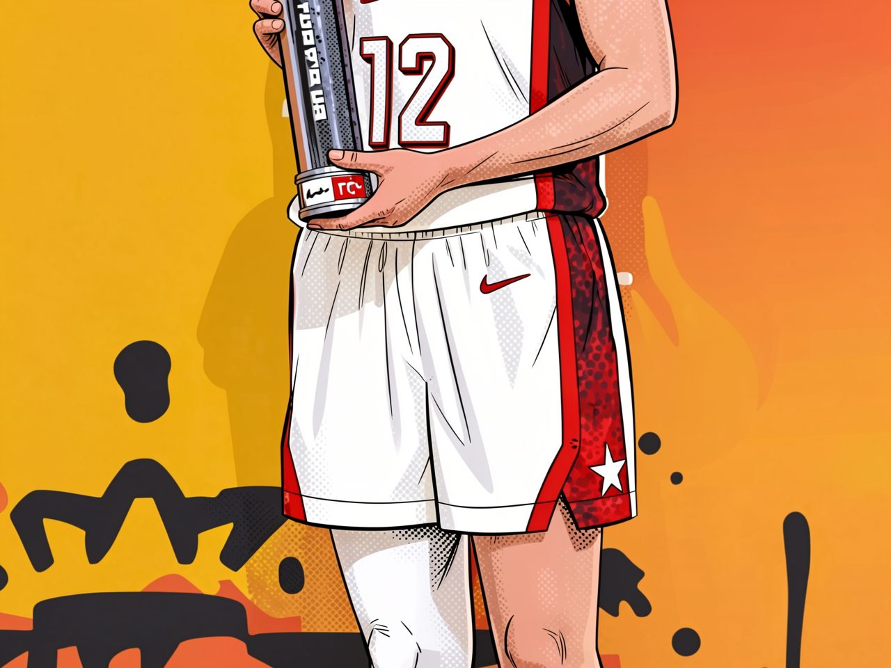 A basketball player in white jersey number 12 holds a silver trophy against an orange backdrop