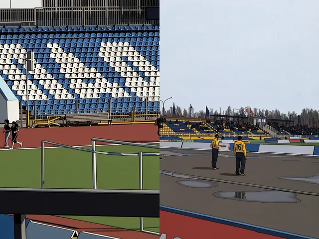 Два человека в жёлтых куртках стоят на треке стадиона на фоне трибун.