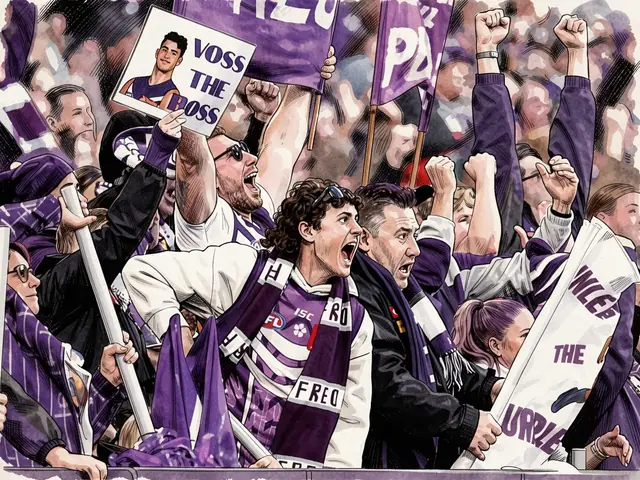Fremantle-Fans in violeten Schals und Trikots jubeln und halten Schilder mit «VOSS THE BOSS» auf den Tribünen
