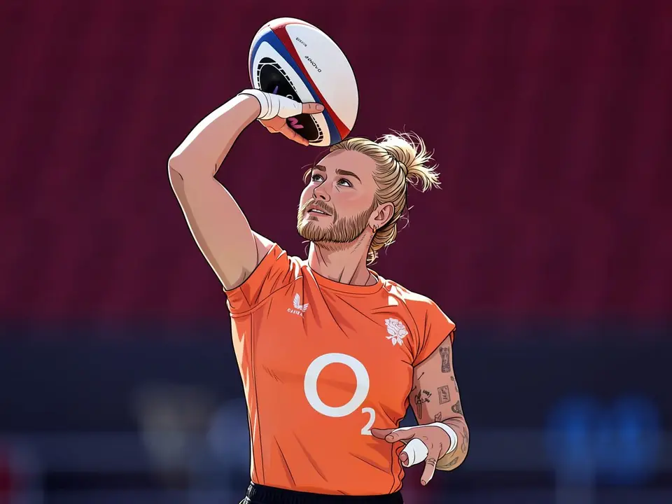 Meg Jones in Orangetrikot Englands wirft einen Rugbyball über den Kopf vor Tribünenhintergrund