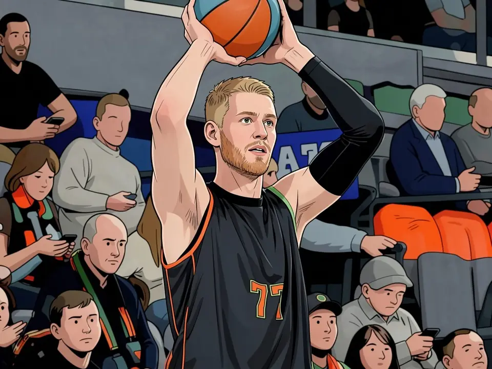 Basketballspieler Pyunko in schwarzem Trikot mit Nummer 77 bereitet einen Wurf vor