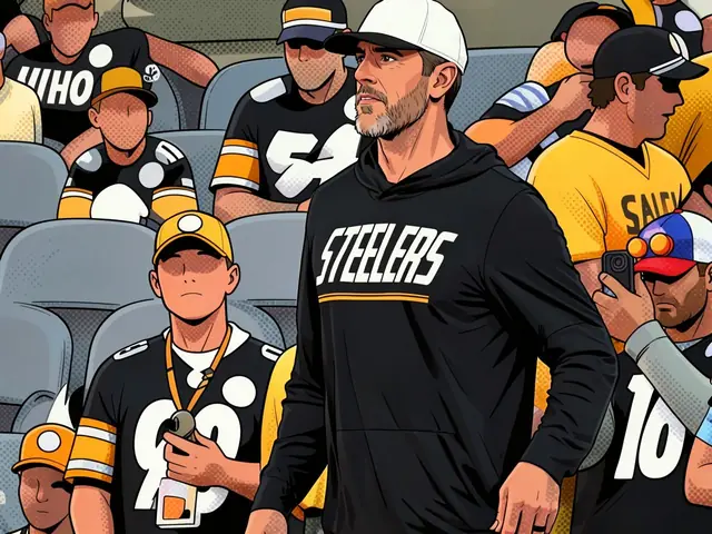 Аарон Роджерс в чёрной толстовке Steelers на трибуне среди болельщиков команды